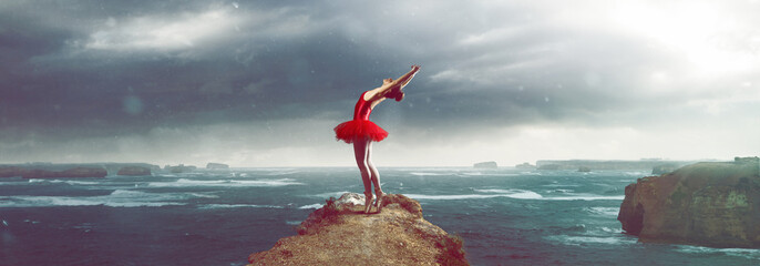 Obraz na płótnie Canvas Ballet Dancer in front of a stormy sea landscape