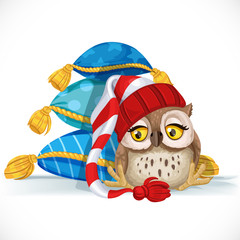 Cute owlet in a cap sits near a pile of pillows and wants to sle
