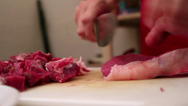 Butcher chopping beef steak 