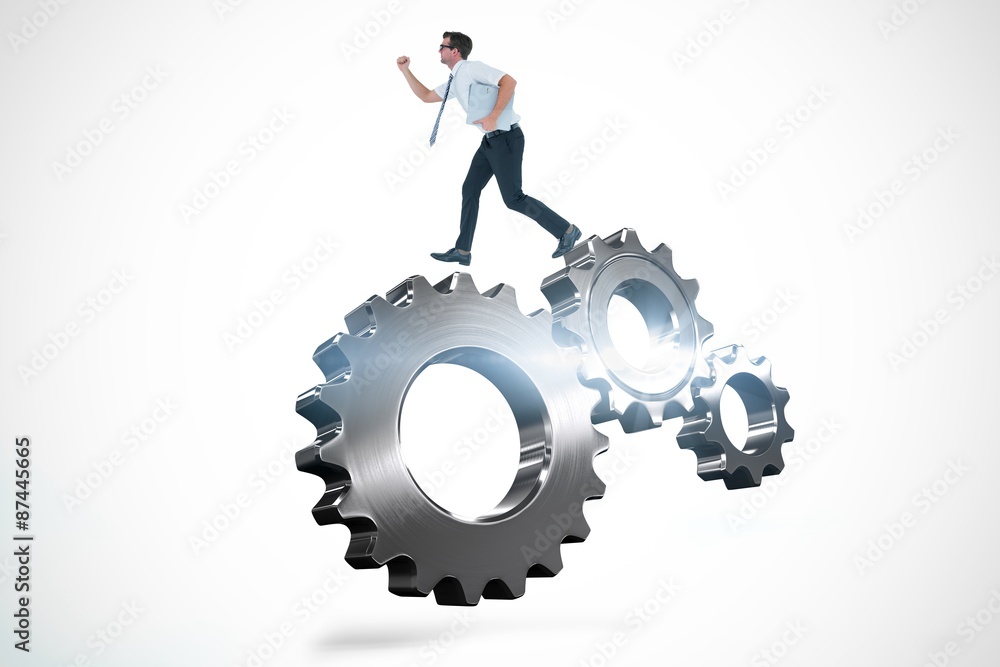 Poster composite image of geeky businessman running late