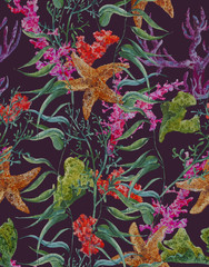 Shabby vintage watercolor sea life seamless pattern with seaweed