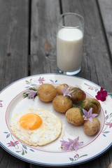 Fried egg with cooked potatoes on a white plate.