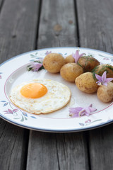 Fried egg with cooked potatoes on a white plate.