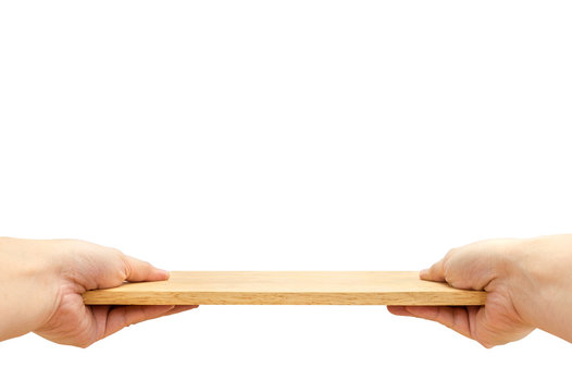 Two Hand Holding Food Plate Made From Wood Isolated On White Bac