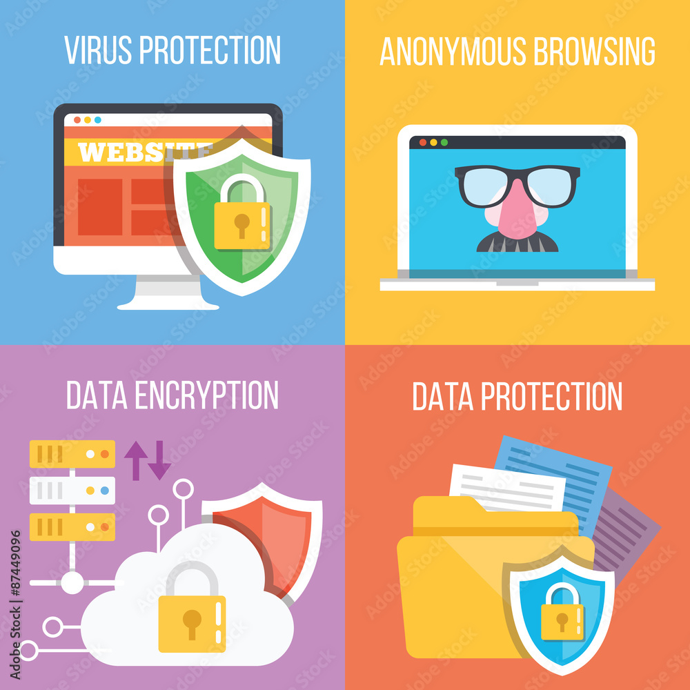 Aufkleber virus protection, anonymous browsing, data encryption, data protection concepts. set of four trendy 
