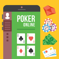 Online poker. Poker room on smartphone screen with diamonds, chips, cash and credit cards