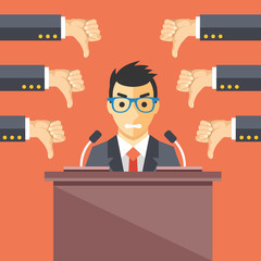 Speaker and thumbs down. Businessman at rostrum. Awful speech, bad speaker, nonproductive ideas flat illustration concept