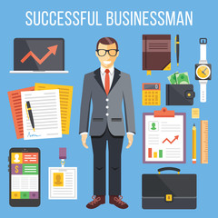 Successful businessman and business stuff flat illustration and flat icons set