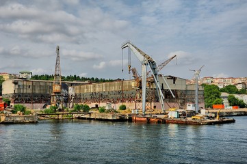 Fototapeta na wymiar Old and abandoned shipyard in Istanbul Taskizak Kasimpasa