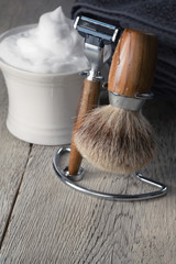 vintage Shaving Equipment on wooden Table