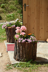 Fototapeta na wymiar vaso fioriera in legno tronco di legno
