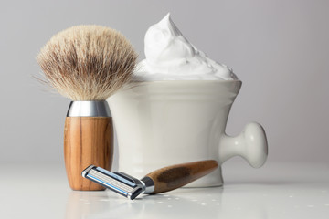 vintage Shaving Equipment on white Table and bright Background