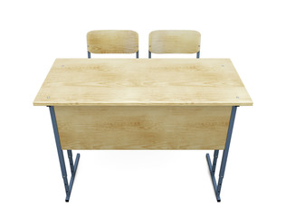 School desk with two chairs on a white.