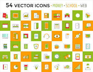 Vector objects icons set. Business or School and Money symbols