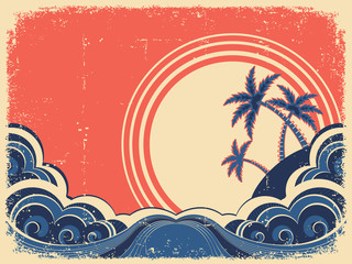 Fototapeta na wymiar Tropical island with palms.Vector grunge illustration on old pap