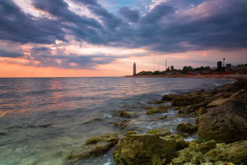 Beacon on the cape Chersonese in Sevastopol on a sunset