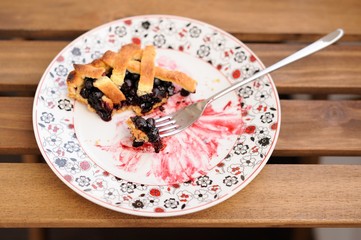 Remains of homemade lattice blueberry pie in square white plate