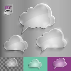 Three types of glass speech bubble cloud icons with soft shadow