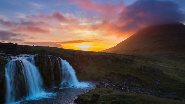 HD Sunset Waterfall Time Lapse Kirkjufell, Iceland. Zoom Out.