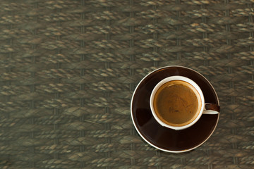 Cup of coffee espresso on wood background, morning breakfast, se