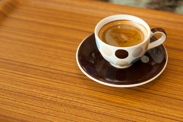 Cup of coffee espresso on wood background, morning breakfast, se