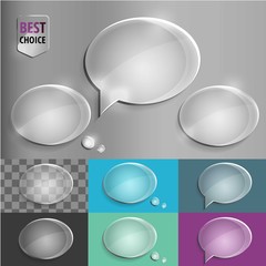 Oval glass speech bubble icons with soft shadow on gradient