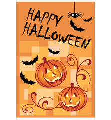 Halloween card with pumpkin, spider and bats