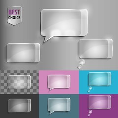 Rectangle set of glass speech bubble icons with soft shadow on