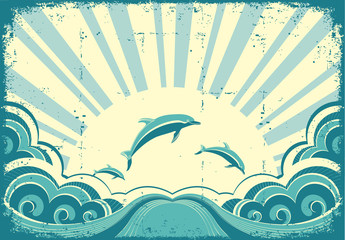 Blue dolphins jumping in sea in summer day.Grunge vector