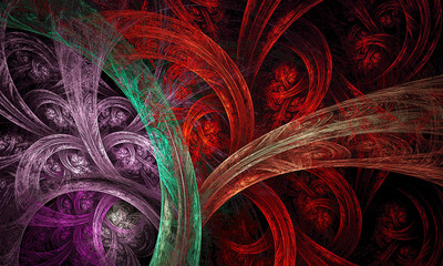 Composition of fractal sine waves and color with metaphorical relationship to design, mathematics and modern technologies. Decoration for wallpaper desktop, poster, cover booklet, flyer.