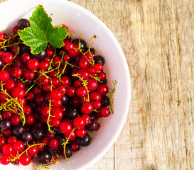 Fresh ripe currant berries bowl on wooden table background