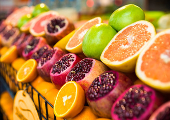 Fruits on the counter bazaar. Fresh juices.