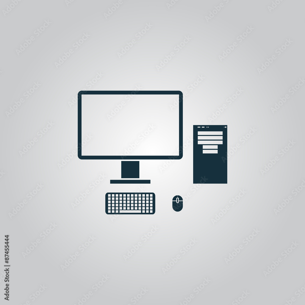 Poster computer case with monitor, keyboard and mouse, vector icon.