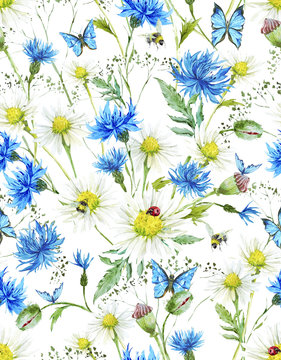Summer Watercolor Vintage Floral Seamless Pattern with Blooming