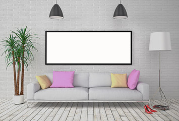 Mock up blank poster on the wall with lamp and sofa.