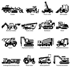 Construction Machines Black White Icons Set 