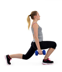 Girl exercise thighs muscles with dumbbells