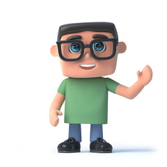 3d Boy wearing glasses waves hello