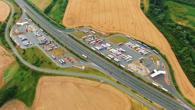 Aerial view of highway D5 gasoline station with parking nearby Pilsen, Czech republic, Central Europe. Transportation concept.