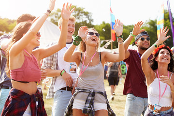 Friends cheering a performance at a music festival