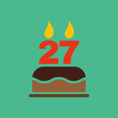The birthday cake with candles in the form of number 27 icon. Birthday symbol. Flat