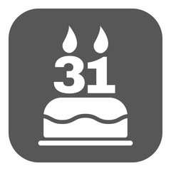 The birthday cake with candles in the form of number 31 icon. Birthday symbol. Flat