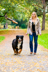 Frau und Hund beim Apportieren von Stock