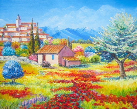 Original oil painting The poppies field