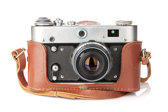 Vintage film camera with leather case