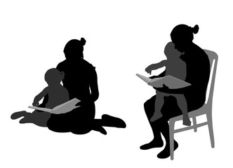 mother reading book to child silhouettes - vector