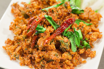 Thai cuisine spicy crispy pork salad, Larb