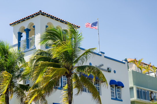 Coconut trees and buildings along the ocean coast at south Miami beach