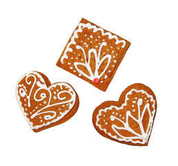 Gingerbread cookies with floral decoration, white background
