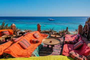 authentic cafe on the Red Sea coastline, Sharm El Sheikh, Egypt - obrazy, fototapety, plakaty